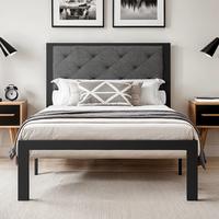Hoomic Twin/Full/Queen/King Metal Bed Frame With Upholstered Finely Stitched Headboard, Faux Leather/ Linen Fabric, Robust St...