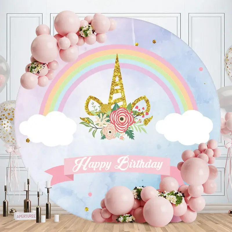 Aperturee Rainbow Happy Birthday Unicorn Glitter Round Backdrops for Girl