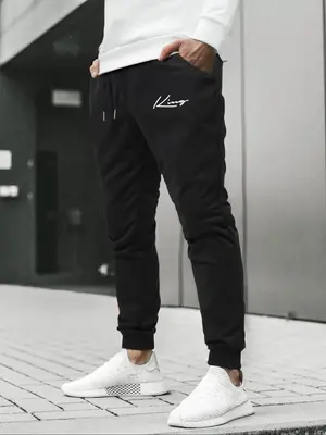 Men's Thin Slant Pockets Drawstring Elastic Waist Sweatpants, Menswear Loose Black Casual Jogger Pants, Streetwear, Lett...