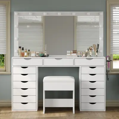 FUSOU 55“W 15 Drawers Vanity Desk with Power Outlet, Makeup Table with Mirror and LED Lights, 3 Color Lighting Modes, Vanit...