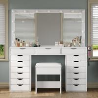 FUSOU 55“W 15 Drawers Vanity Desk with Power Outlet, Makeup Table with Mirror and LED Lights, 3 Color Lighting Modes, Vanit...