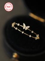S925 Sterling Silver Butterfly Design Cuff Ring, Rhinestone Decor Ring for Women & Girls, Fashion Jewelry for Party, Daily De...
