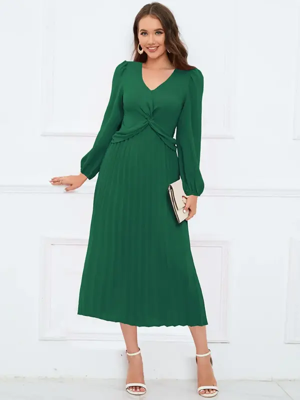 Women's Plain Twist Pleated V Neck A Line Dress, Elegant Bishop Sleeve Long Sleeve Dress for Spring & Fall, Women's Clothing ...