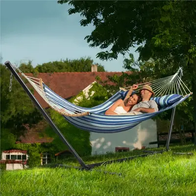 ć2-3 People, 475Lb CapacityćYaheetech Extra Large Hammock with Stand, Heavy-Duty Padded Hammock & Steel Stand Set w/Pillo...