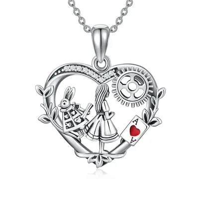 Sterling Silver Cubic Zirconia Alice In The Wonderland & Heart Pendant Necklace