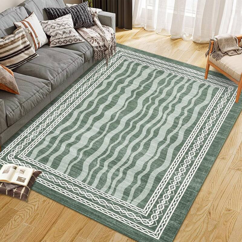 Garvee 9x12 Area Rug Modern Bordered Print Low Pile Faux Wool Non-Slip Stain-Resistant Machine Washable Living Room Bedroom D...