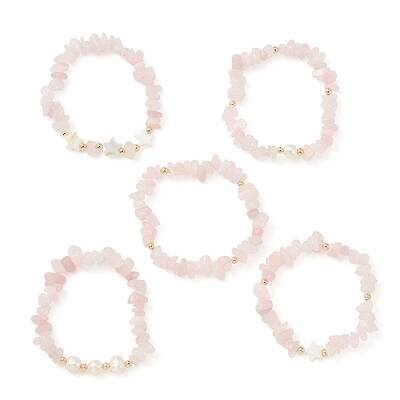 5Pcs 5 Style Natural Rose Quartz Chips Stretch Bracelets Set