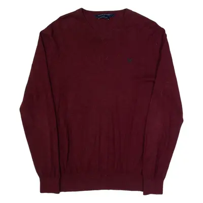 CREW CLOTHING Mens Jumper Maroon V-Neck Tight Knit S
