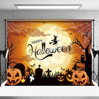Witch Moon Light Orange Pumpkin Happy Halloween Backdrop