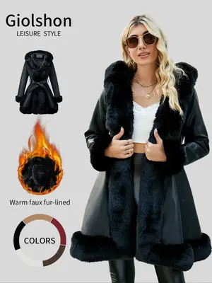 Women's Pu Leather Faux Fur Jacket, Casual Long Sleeve Belted Coat with Pockets, Fall & Winter Outerwear, Warm Daily Wear