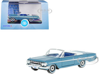1961 Chevrolet Impala Convertible Jewel Blue Metallic and White with Blue Interior 1/87 (HO) Scale Diecast Model Car by Oxfor...