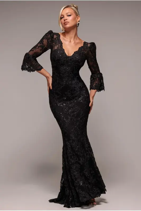 Goddiva Scalloped Lace Maxi Dress - Black