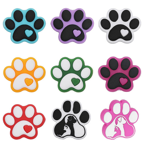9Pcs 9 Style Dog Paw Print Food Grade Eco-Friendly Silicone Focal Beads