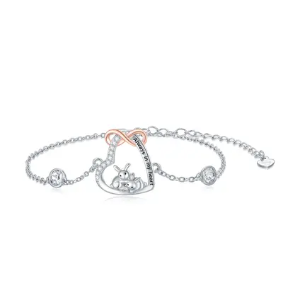 Sterling Silver Two-Tone Circular Cubic Zirconia Heart & Infinity Symbol With Rabbit Charm Bracelet For Women Mom