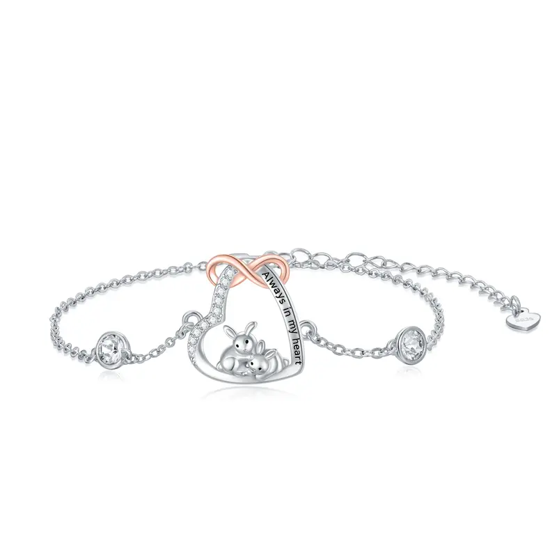 Sterling Silver Two-Tone Circular Cubic Zirconia Heart & Infinity Symbol With Rabbit Charm Bracelet For Women Mom