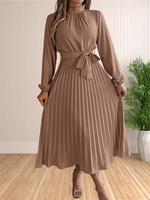 Women's Solid Belted Pleated A Line Dress, Elegant Bishop Sleeve Mock Neck Dress for Fall, Fall Outfits, Women's Modest Basic...