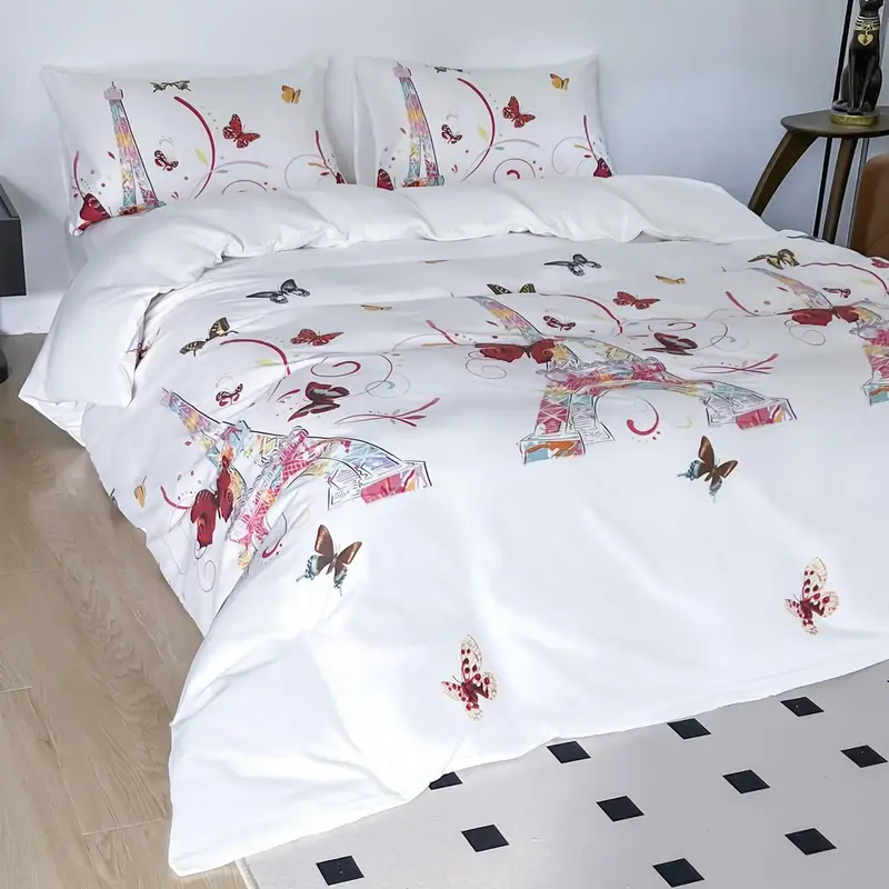 Tower & Butterfly/geometric Print Duvet Cover & Pillowcase without Filler, 2/3 Counts Bedding Set, Soft Comfortable Duvet Cov...