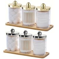 Cotton Swab Storage Box with Wooden Tray, 3 Counts/set Round Cotton Swab Dispenser, Restroom Storage Box for Toiletry, Home O...
