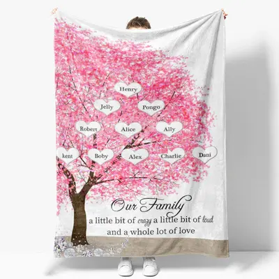 Personalized Name Pink Cherry Tree Our Family Blanket - Aperturee