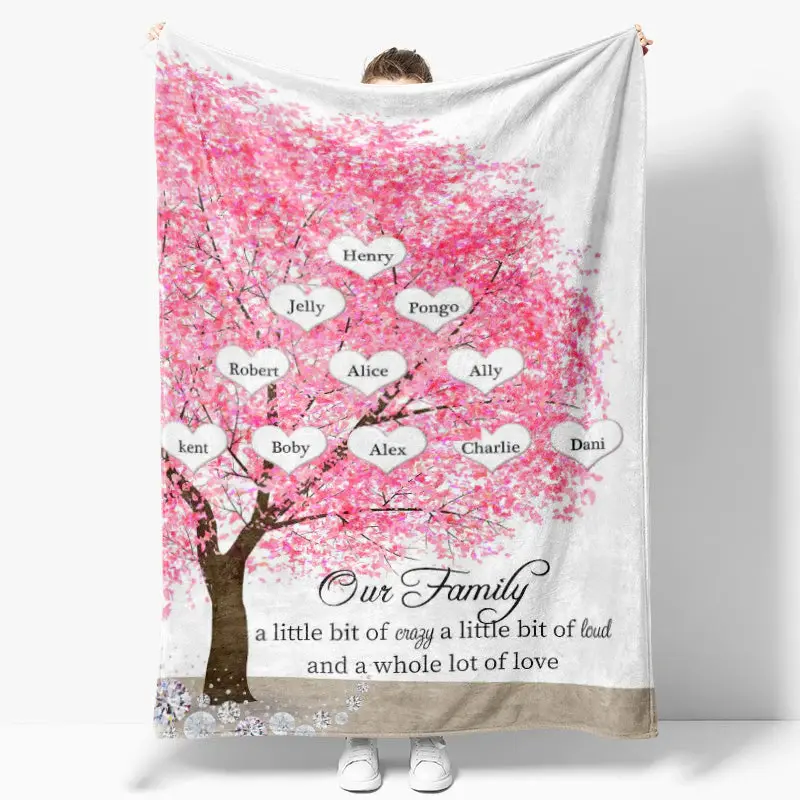 Personalized Name Pink Cherry Tree Our Family Blanket - Aperturee