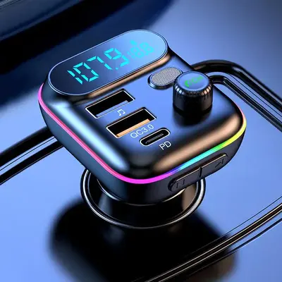 Vehicle FM Transmitter with Digital Display & LED Light, Multifunctional BT 5.0 Car Charger, Bluetooth-compatible Car Electro...