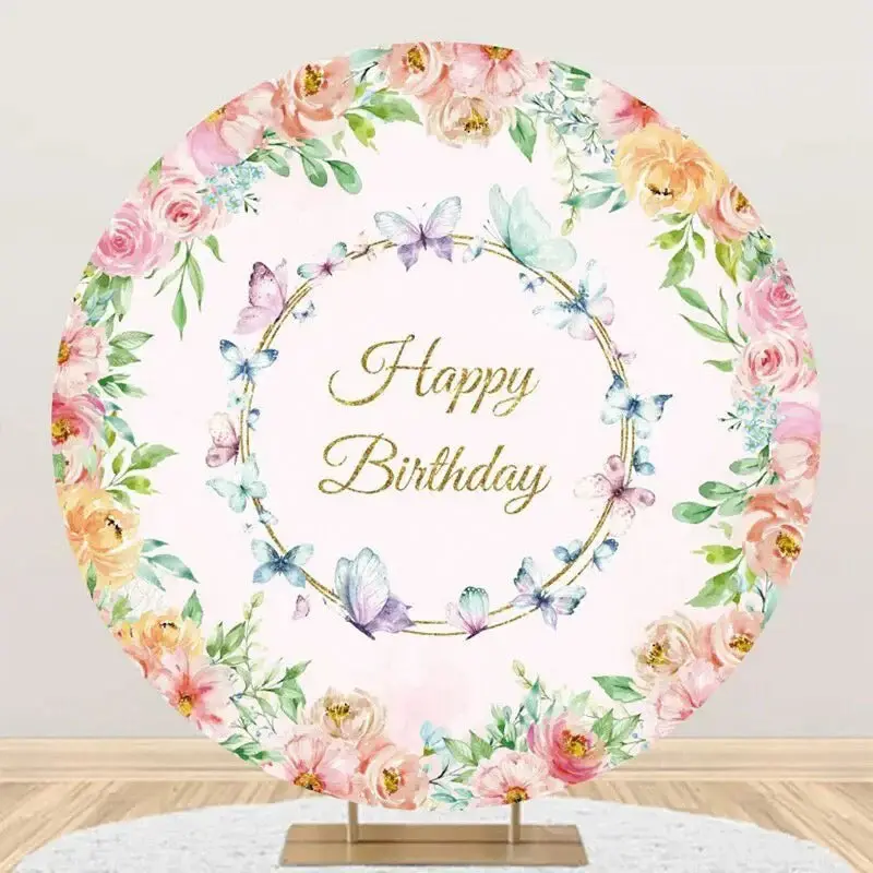 Round Colorful Floral Butterfly Birthday Backdrop - Aperturee