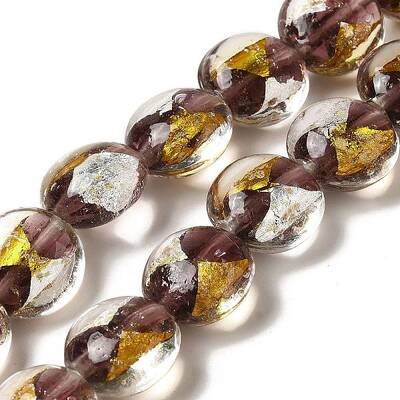 Handmade Gold Foil and Silver Foil Lampwork Flat Round Beads