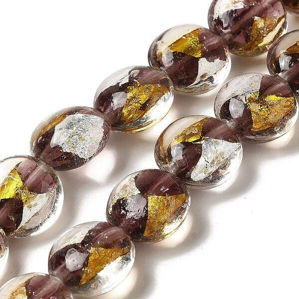 Handmade Gold Foil and Silver Foil Lampwork Flat Round Beads
