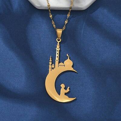 304 Stainless Steel Hollow Moon with Castle and Prayer Pendant Necklaces for Ramadan & Eid Mubarak