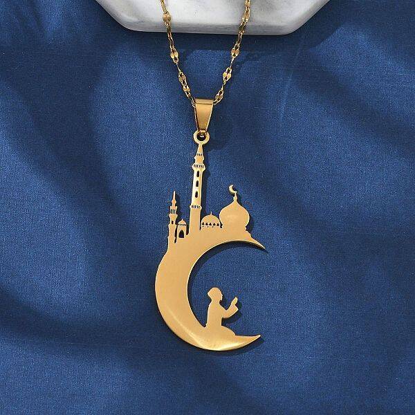 304 Stainless Steel Hollow Moon with Castle and Prayer Pendant Necklaces for Ramadan & Eid Mubarak