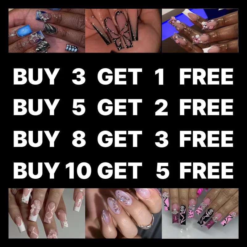 Buy 10 Get 5 Free! [Machine-Made] 24pcs Press-On Nails with Rhinestones & Flowers – French Style Glue-On Nails for Women & ...