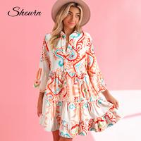 Shewin Fashion Casual Women Comfort Womenswear Summer Ethnic Bohemian Print Boho Button Front Tiered Mini Dresses