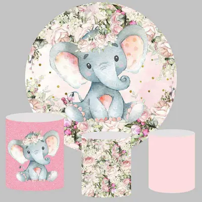 Aperturee Pink Floral And Elephant Girls Round Baby Shower Backdrop | Circle Party Backdrop | Custom Round Backdrop Cover | B...