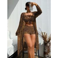 ZAFUL Summer Special: Unique Brown Khaki Geometric Pattern Bikini Three Piece Set With Shawl - Long Sleeved Design, Elegant L...