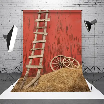 Wooden Ladder Wheel Straw Red Wall Photo Backdrop - Aperturee
