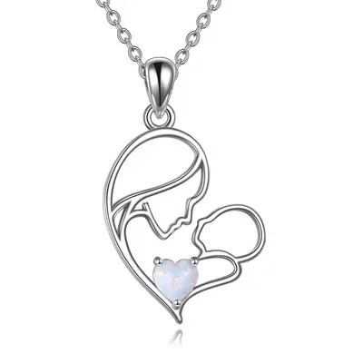 Sterling Silver with Gold Plated Opal Mother & Child Heart Pendant Necklace