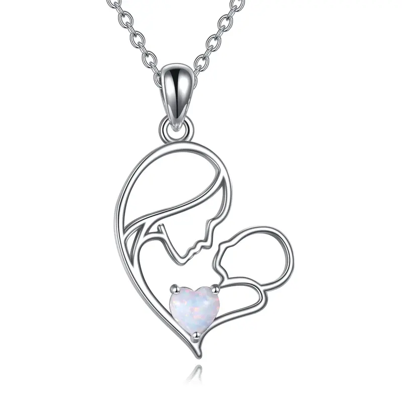 Sterling Silver with Gold Plated Opal Mother & Child Heart Pendant Necklace