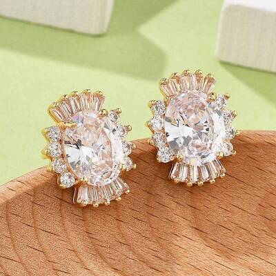 Oval Brass Micro Pave Cubic Zirconia Stud Earrings for Women