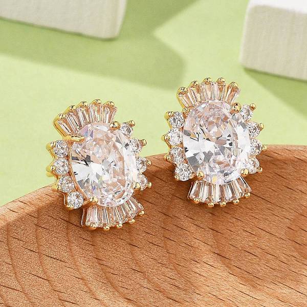 Oval Brass Micro Pave Cubic Zirconia Stud Earrings for Women