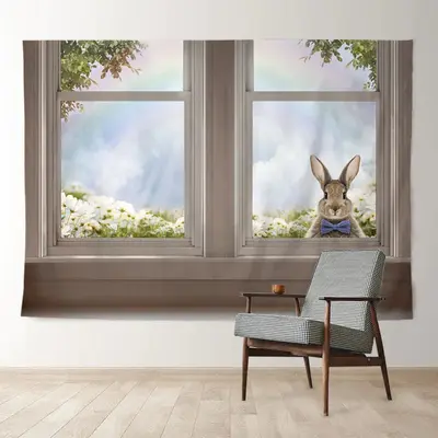 Aperturee Rabbit Out Window Floral Rainbow Easter Day Banner