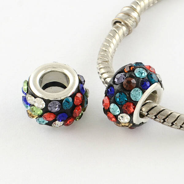 Polymer Clay Rhinestone European Large Hole Beads with Silver Color Plated Brass Cores