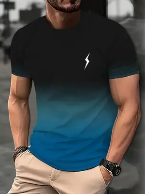 Men's Regular Fit Lightning Ombre Print Round Neck Tee, Casual Streetwear Short Sleeve Crew Neck T-shirt for Summer, Back To...