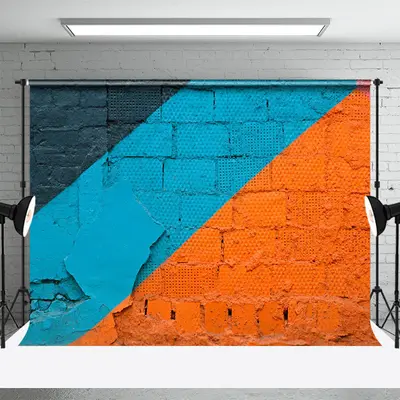 Retro Blue Orange Brick Graffiti Wall Photo Backdrop - Aperturee