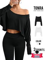 Women's Solid Asymmetrical Neck Tee Two-piece Set, Casual Long Sleeve Cropped T-shirt for Spring & Fall, Ladies Loose Clothes...