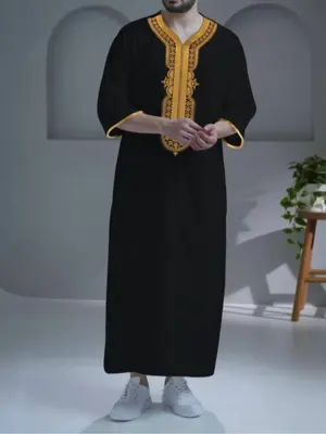 Men's Geometric Embroidery V Neck Thobe, Loose Casual Muslim Robe, Men's Islamic Clothing for Spring & Fall