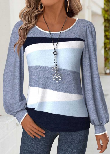 Modlily Blue Tummy Coverage Geometric Print Long Sleeve T Shirt - M