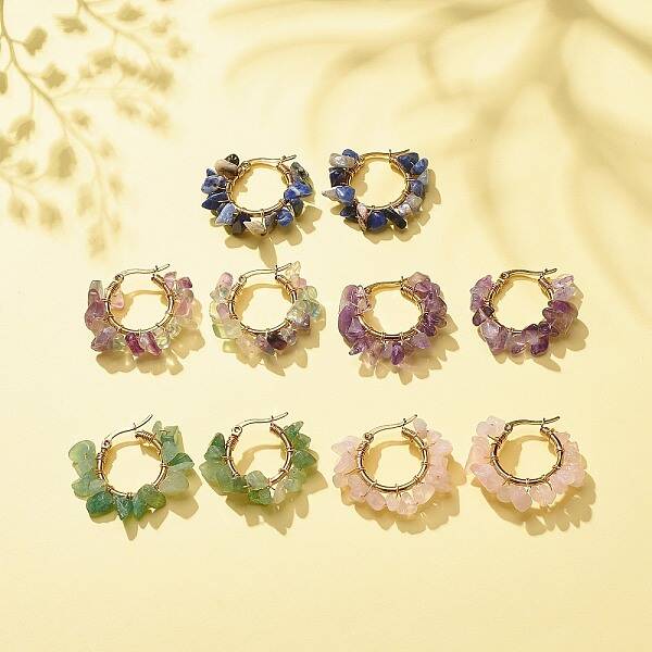 Natural Gemstone Chips Braided Hoop Earrings