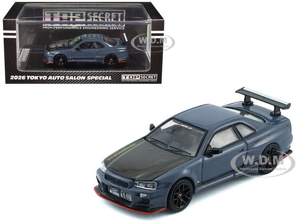 Nissan Top Secret Skyline GT-R (BNR34) RHD (Right Hand Drive) Stealth Gray with Carbon Hood Tokyo Auto Salon 2026 1/64 Di...