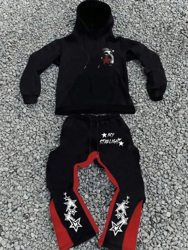 Two-piece Set Men's Letter and Star Print Thermal Lined Hoodie & Colorblock Sweatpants, Regular Fit Fashion Casual Drawstring...