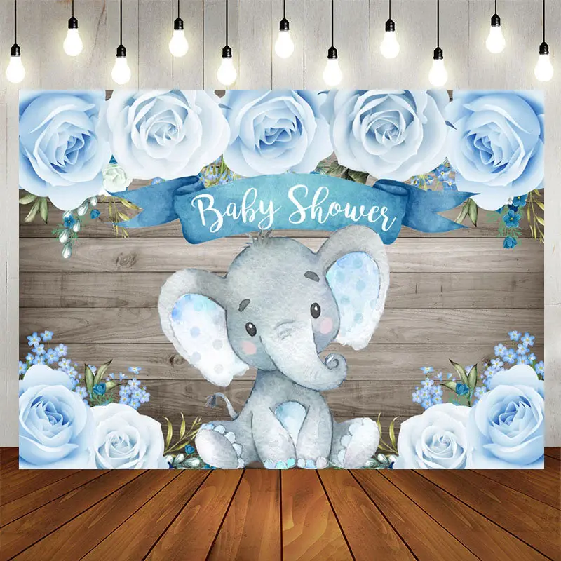 Aperturee Wooden Bule Roses Baby Elephant Baby Shower Backdrop